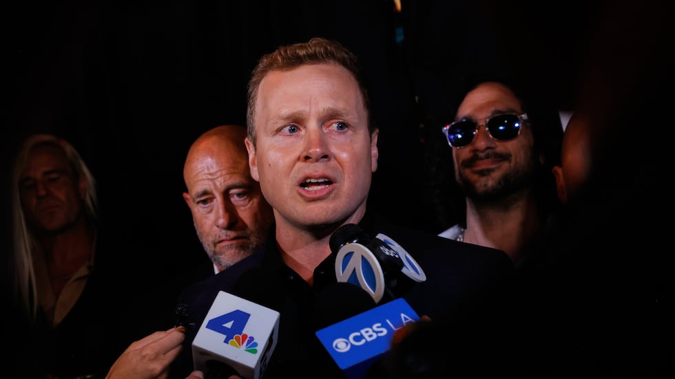 Spencer Pratt, a candidate in the Los Angeles mayoral race, fields interviews during an...