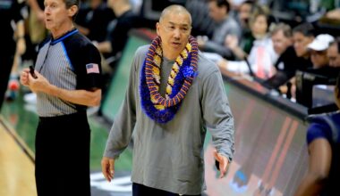 Then-Cal State Fullerton head coach Jeff Harada instructed his team against Hawaii at the Stan Sheriff Center on Feb. 1, 2024.