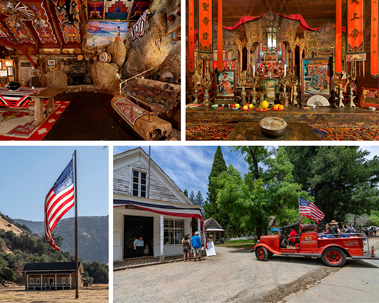 Clockwise from top left: Antelope Valley Indian Museum State Historic Park, Weaverville Joss House State Historic Park, Fort Tejon State Historic Park, and Malakoff Diggins State Historic Park all accept the 2026 Historian Passport. Photos from California State Parks.