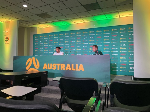 Australian winger Nishan Velupillay addresses the media after the Socceroos World Cup training session at the Oakland Roots facility in Alameda. (Dieter Kurtenbach, Bay Area News Group)