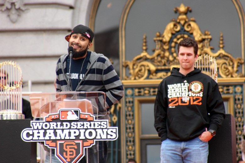 Image shows Giants players on stage at the Civic Center.