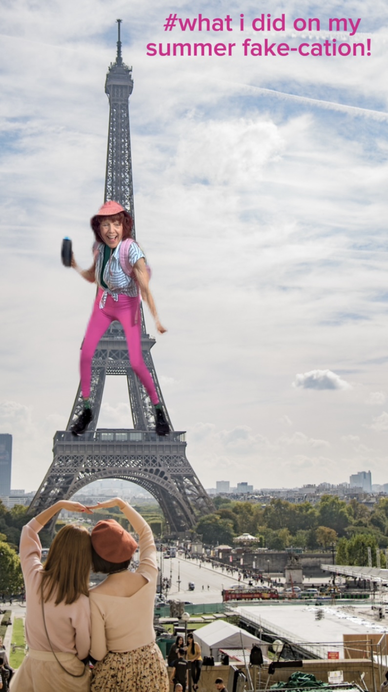 Promotional image for Jaqi Bowes's What I Did on My Summer Fakcation! featuring the performer superimposed over the Eiffel Tower in a humorous travel-themed design for the Hollywood Fringe Festival.