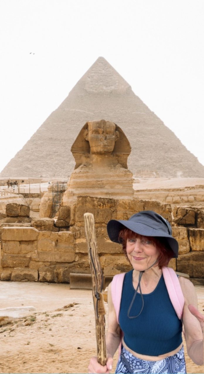 Screenshot Jacqi Bowe standing in front of the Great Sphinx and Pyramid of Giza for Hashtag What I Did on My Summer Fake-Cation