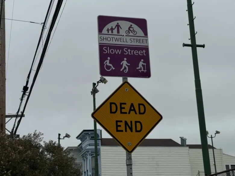Two street signs: the top sign reads "Shotwell Street Slow Street" with icons for pedestrians, cyclists, wheelchair users, and children; the bottom sign reads "DEAD END" in black letters on yellow.