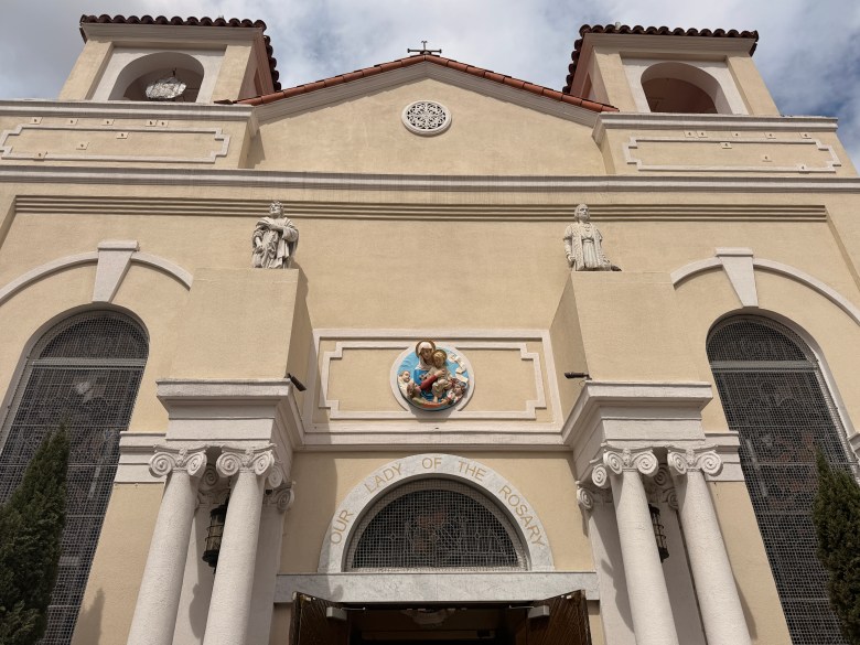 A tan church front