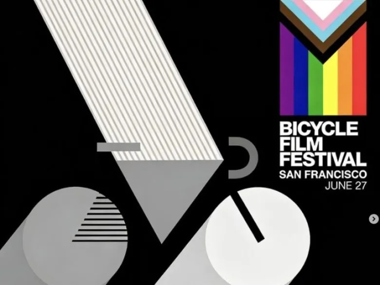 Minimalist graphic of a bicycle with the Progress Pride flag and text: "Bicycle Film Festival San Francisco June 27" on a black background.