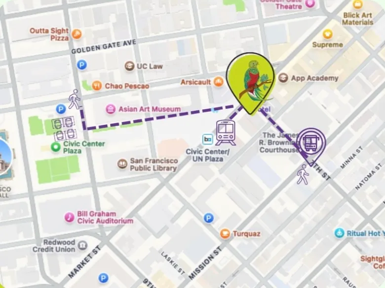 A map showing a walking and transit route from Civic Center Plaza to The James R. Browning U.S. Courthouse in San Francisco, with landmarks and transit stops marked.