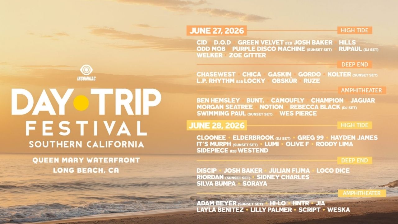 Insomniac has announced the 2026 Day Trip Festival lineup in Long Beach, featuring headliners Cloonee, Odd Mob and GORDO, with tickets going on sale Friday, April 24, 2026. (Insomniac)
