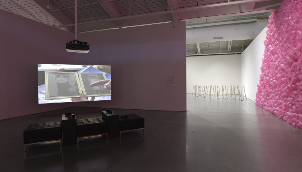 An installation view of Hassinger's "Living Moving Growing" showing a video screen and viewing bench in a dimly lit gallery. An adjacent bright space reveals a large wall covered in inflated pink plastic bags and a field of slender, vertical sculptures