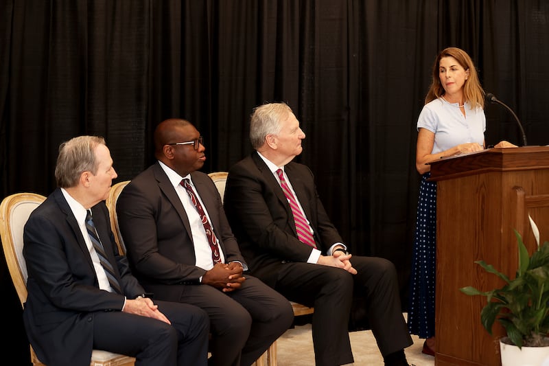 Elder Gary B. Sabin, Elder I. Raymond Egbo and Elder Craig C. Christensen listen to Tiffany Wickham during the beginning of media day for the San Diego California Temple open house on Monday, June 15, 2026.