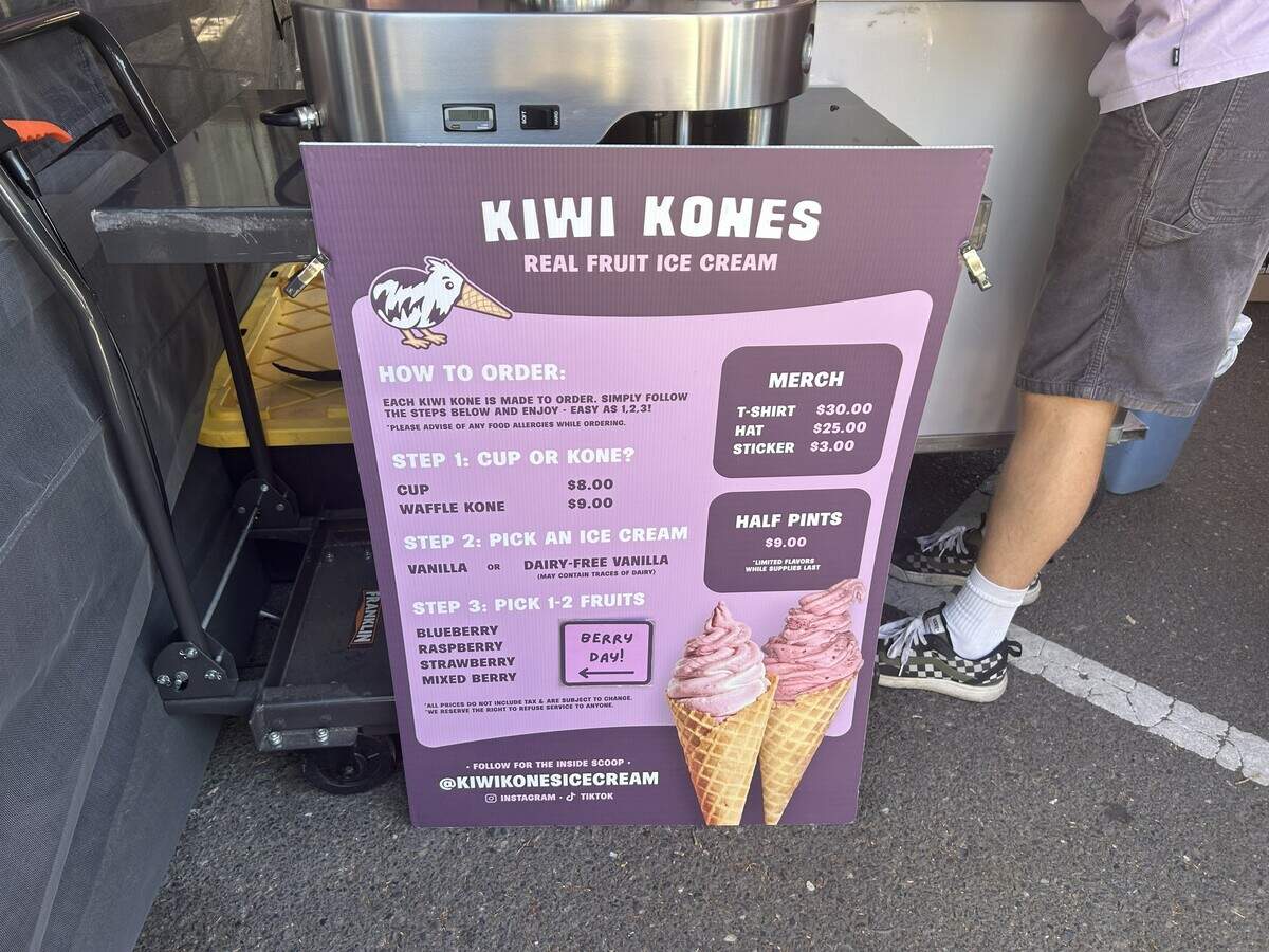 Kiwi Kones, a New Zealand-inspired ice cream shop, displays a menu at the Midtown’s Farmer Market.
