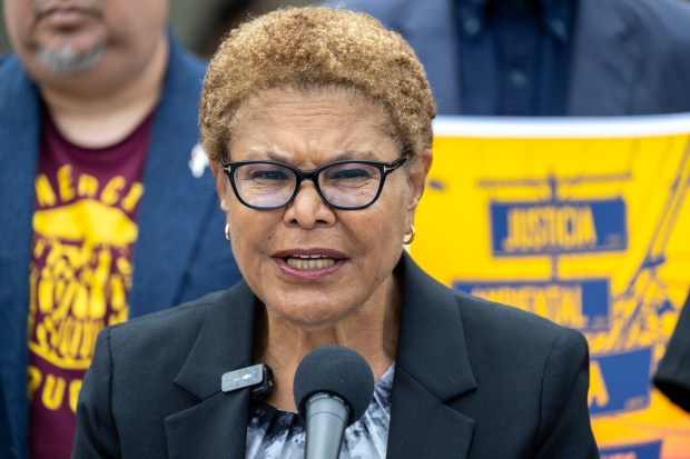 Los Angeles Mayor Karen Bass speaks during a press conference regarding the Lineage cold storage warehouse fire in Boyle Heights in Los Angeles on Monday, June 29, 2026. (Photo by Hans Gutknecht, Los Angeles Daily News/SCNG)