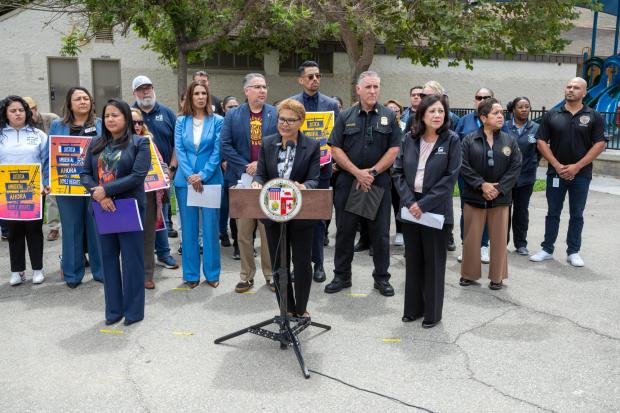 Los Angeles Mayor Karen Bass speaks during a press conference regarding the Lineage cold storage warehouse fire in Boyle Heights in Los Angeles on Monday, June 29, 2026. (Photo by Hans Gutknecht, Los Angeles Daily News/SCNG)