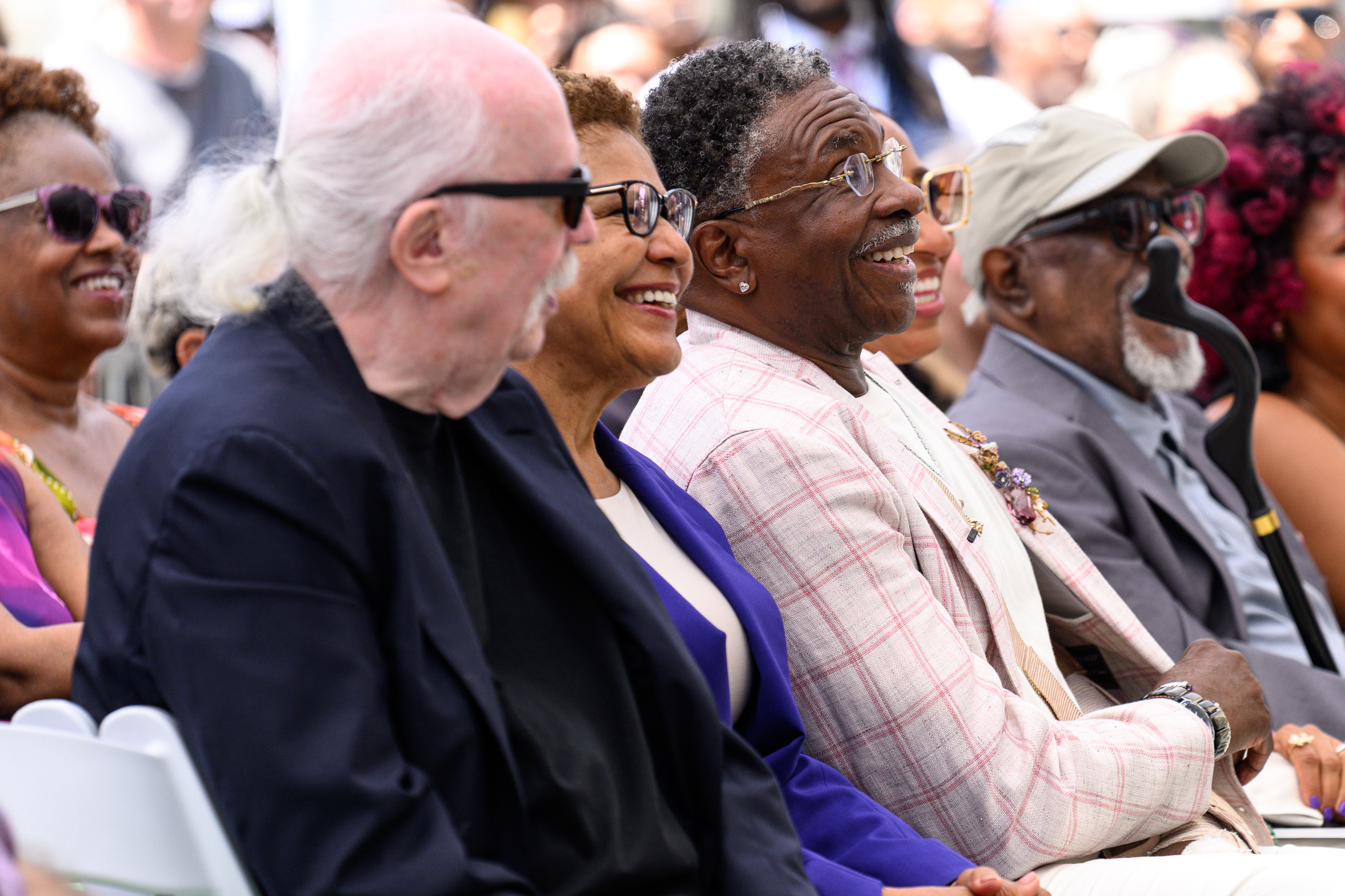 Keith David sits with Mayor Karen Bass during his Hollywood...