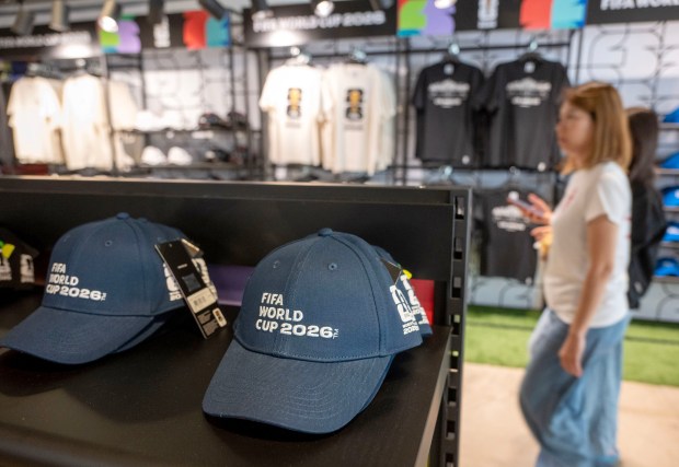 People shop for official FIFA World Cup 2026 merchandise at a World Cup pop up store at the Bloc shopping center in Los Angeles on Monday, June 8, 2026. (Photo by Hans Gutknecht, Los Angeles Daily News/SCNG)