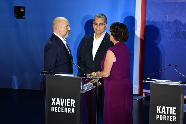 California gubernatorial candidates Katie Porter, right, speaks with Steve Hilton, left, and Xavier Becerra during a 2026 California gubernatorial debate in Bridges Auditorium at Pomona College in Claremont on Tuesday, April 28, 2026. (Photo by Keith Birmingham, Pasadena Star-News/ SCNG)