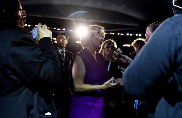 California gubernatorial candidate Katie Porter speaks to the media after the 2026 California gubernatorial debate in Bridges Auditorium at Pomona College in Claremont on Tuesday, April 28, 2026. (Photo by Keith Birmingham, Pasadena Star-News/ SCNG)