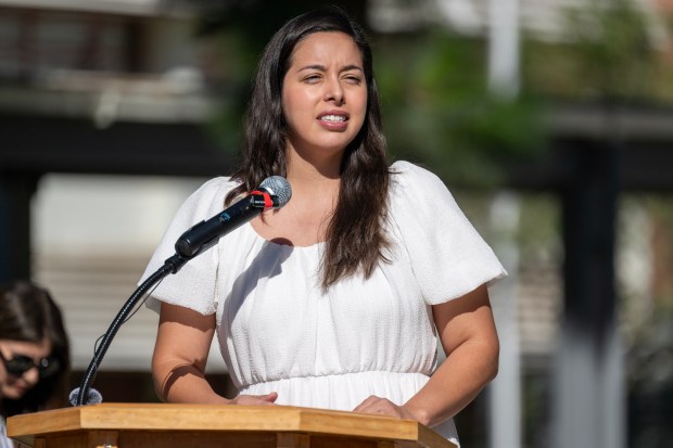 Board of Education Member Kelly Gonez speaks during a ribbon cutting ceremony at Ulysses S. Grant High School to celebrate the completion of a multi-year campus modernization project in Van Nuys on Monday, Oct. 20, 2025. (Photo by Hans Gutknecht, Los Angeles Daily News/SCNG)