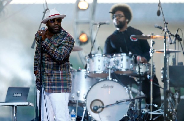 The Roots will perform at Juneteenth: A Global Celebration for Freedom at the Hollywood Bowl on Sunday, June 19, 2022. Seen here are Tariq "Black Thought" Trotter, left, and Ahmir "Questlove" Thompson. Questlove is also one of two musical directors for the all-star show. (AP Photo/Matt Rourke, File)