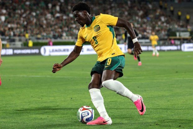 Australia forward Mohamed Toure controls the ball against Mexico during an international friendly match at the Rose Bowl Stadium in Pasadena on May 30, 2026. (Photo by Raul Romero Jr., Contributing Photographer)