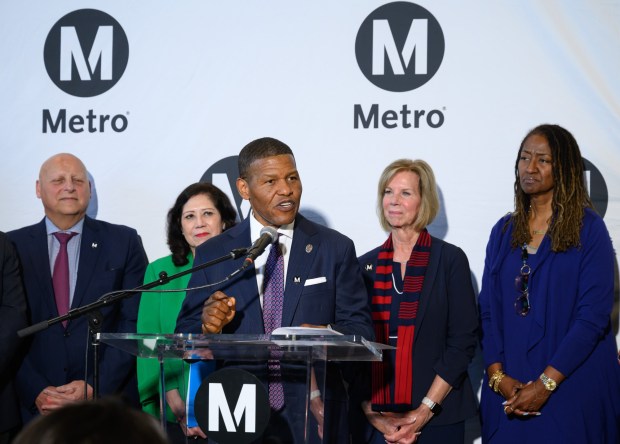 LA Metro announced Wednesday that San Francisco Police Chief Bill Scott was hired to lead the forthcoming Metro Department of Public Safety. Behind Scott; from left: Metro board member Ari Najarian and Supervisors Hilda Solis; Janice Hahn and Holly Mitchell. Photo: Bryan Chan, L.A. County Board of Supervisors