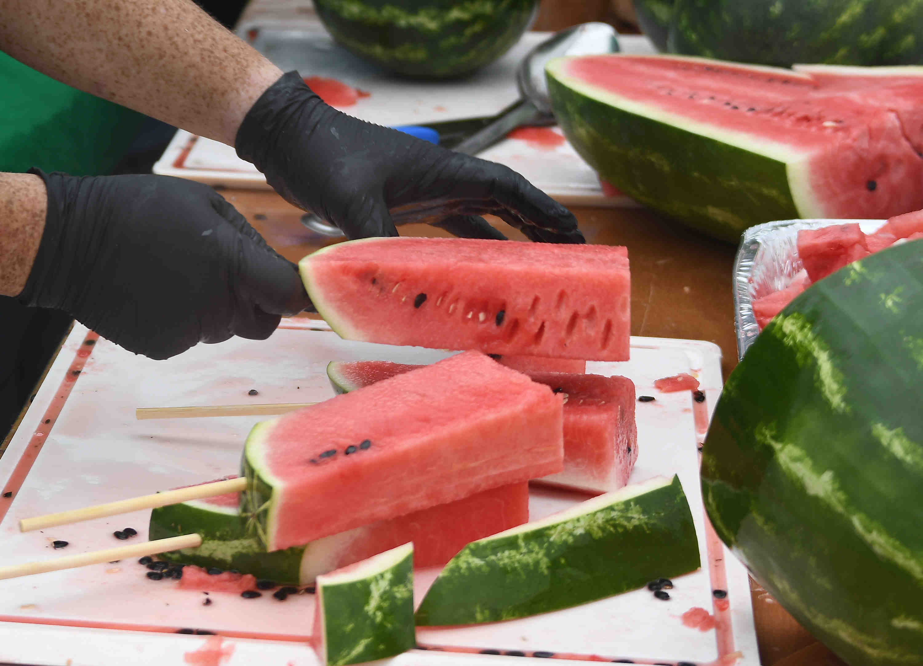 Watermelon cut up to order during the California watermelon festival...