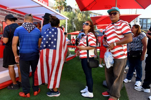 US soccer fans arrive to support their team's game against Turkey at the Los Angeles World Cup 2026 Fan Zone at Los Angeles Union Station on Thursday June 25, 2026. (Photo by Axel Koester, Contributing Photographer)