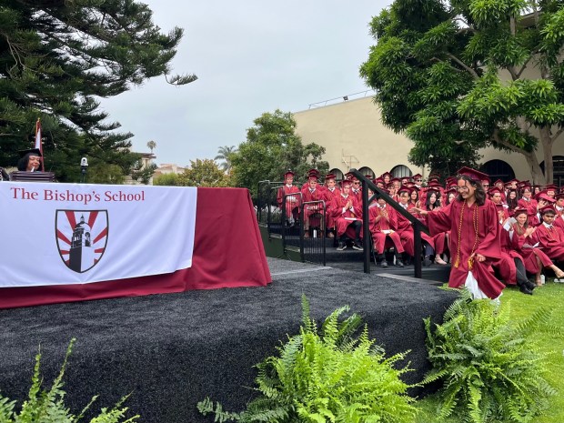 Ariadne Georgiou approaches the stage to receive the Michael W. Teitelman Loyalty Cup at The Bishop's School's June 5 commencement ceremony. (Noah Lyons)