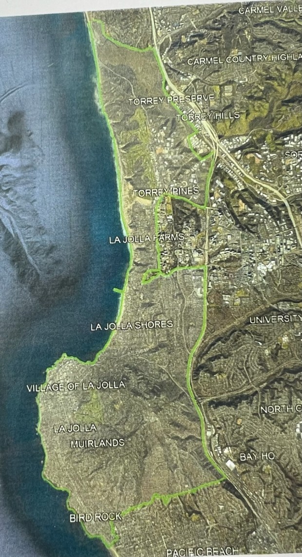 The map of a potential city of La Jolla largely aligns with the 92037 ZIP code, stretching north-south from Del Mar to Pacific Beach and east-west from Interstate 5 to the ocean, excluding UC San Diego. (Association for the City of La Jolla)