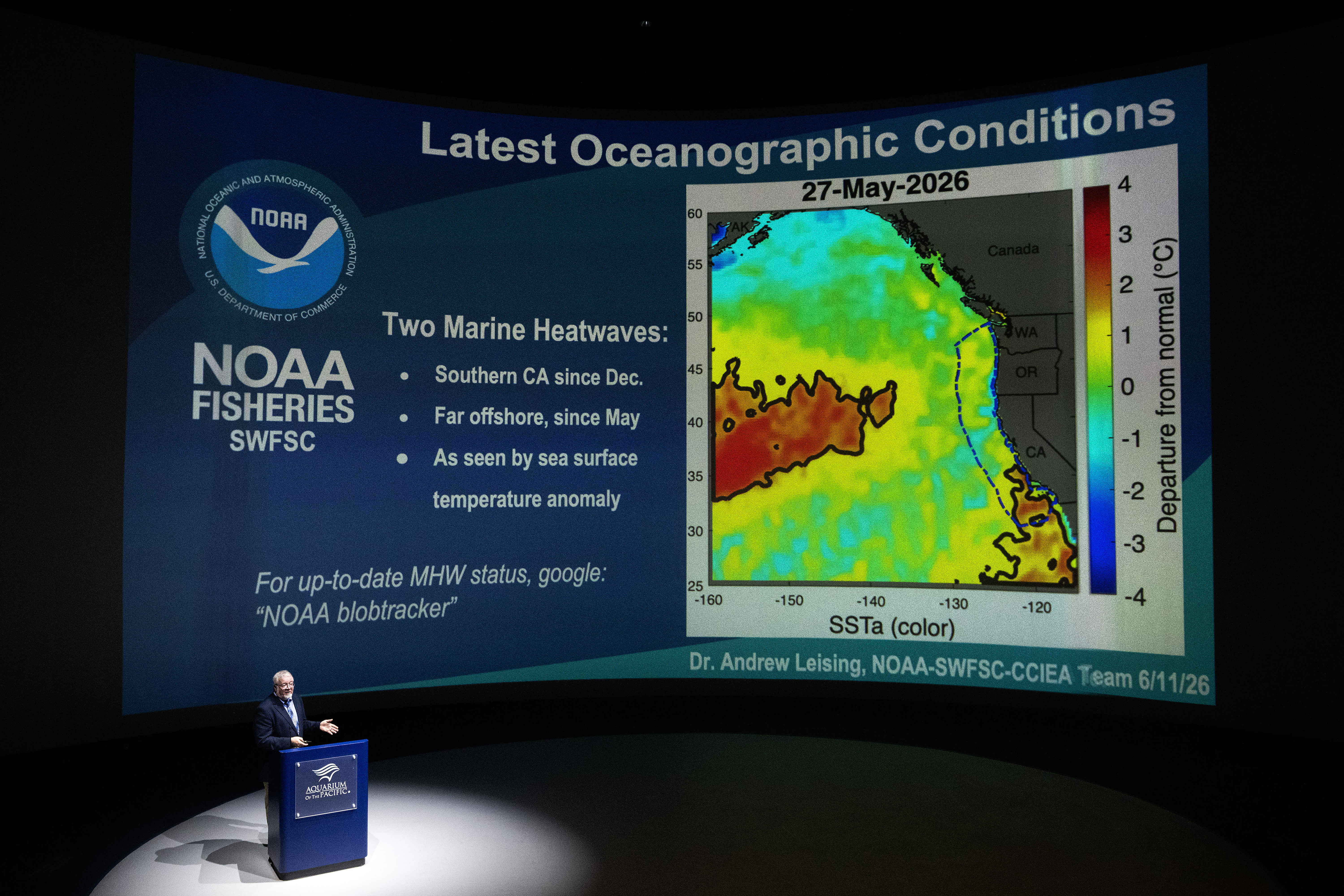 Research Oceanographer Dr. Andrew Leising speaks during a press briefing...