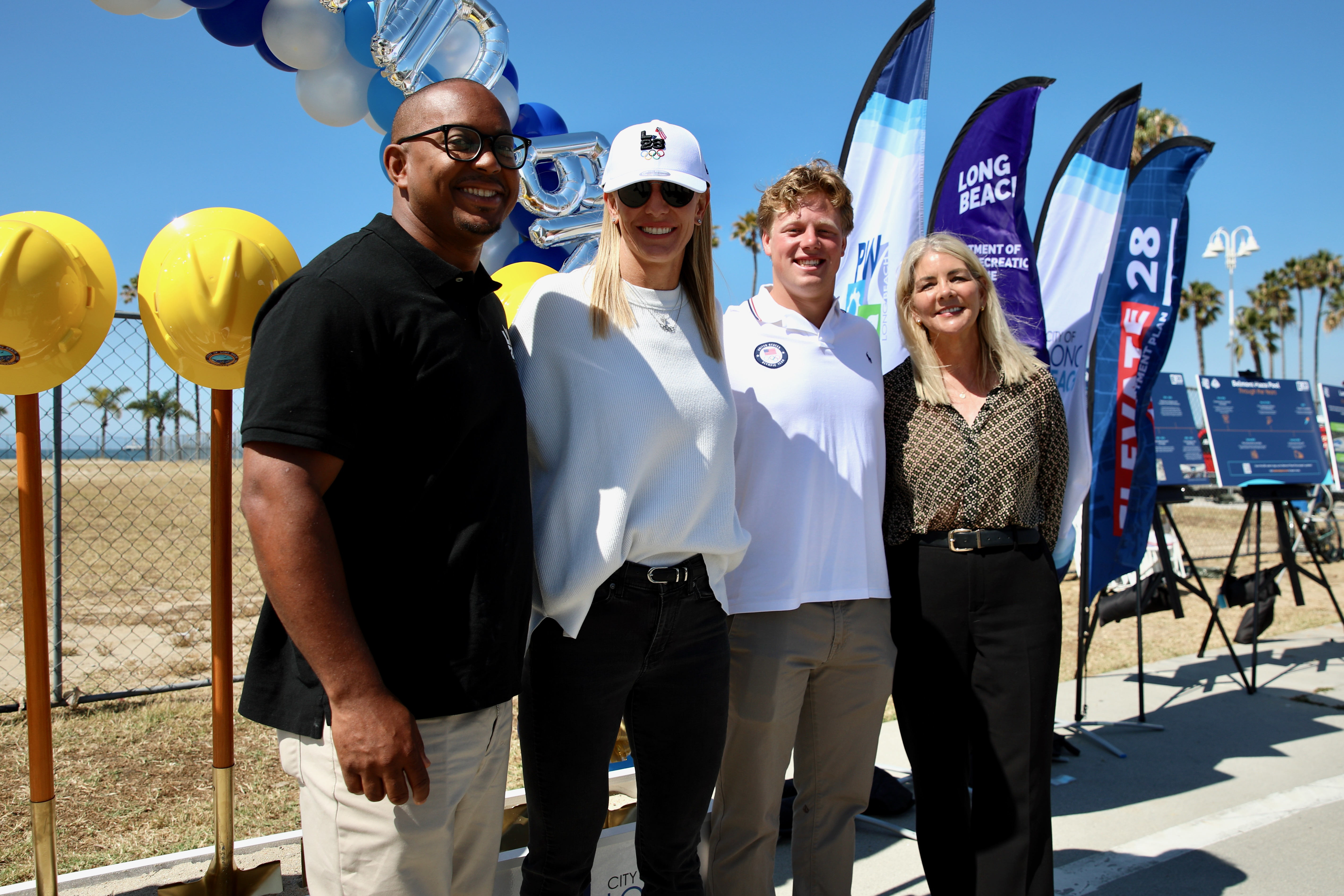 Long Beach Mayor Rex Richardson, left, Olympic medalists Jessica Hardy...