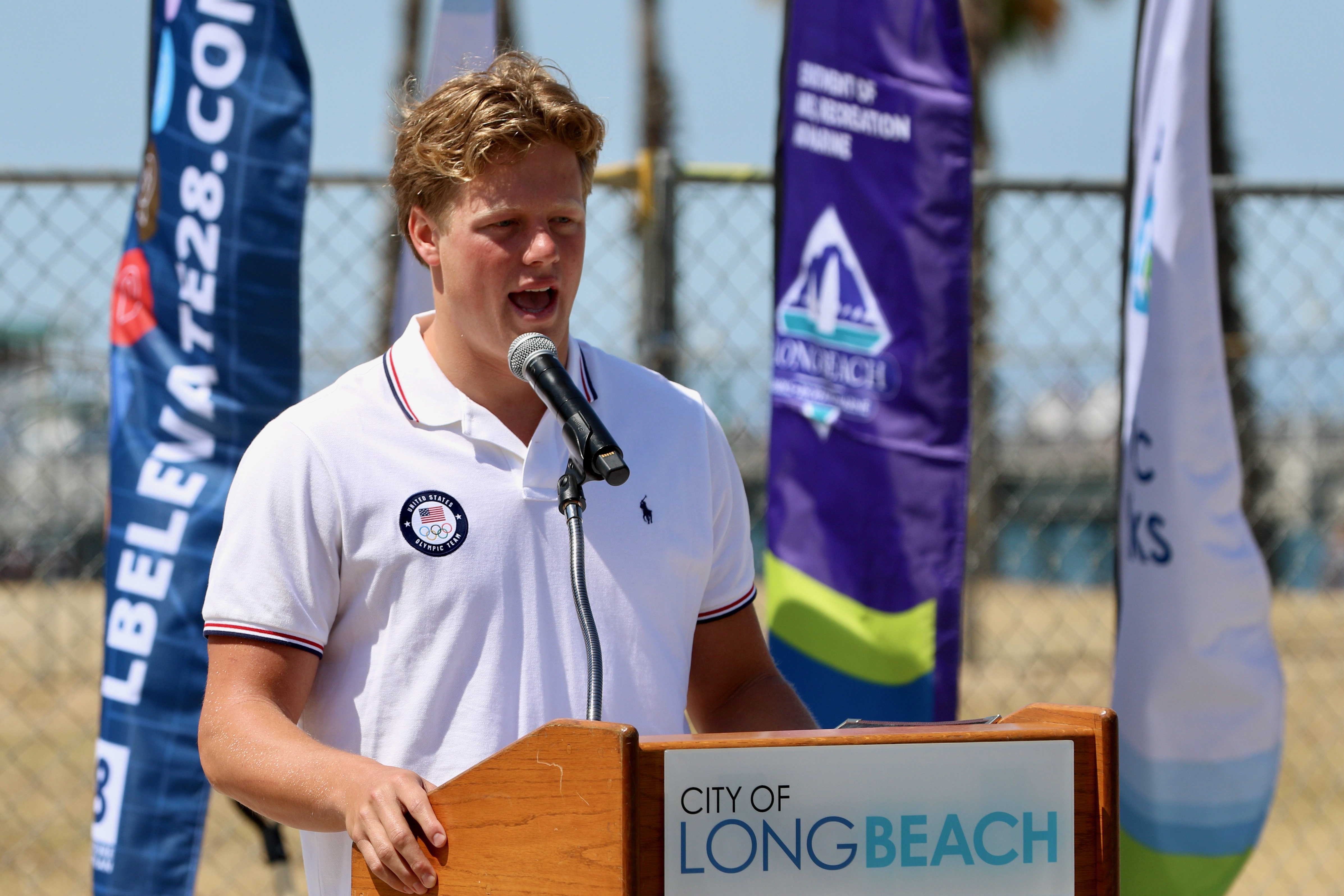 Olympic bronze medalist in water polo Ryder Dodd speaks at...