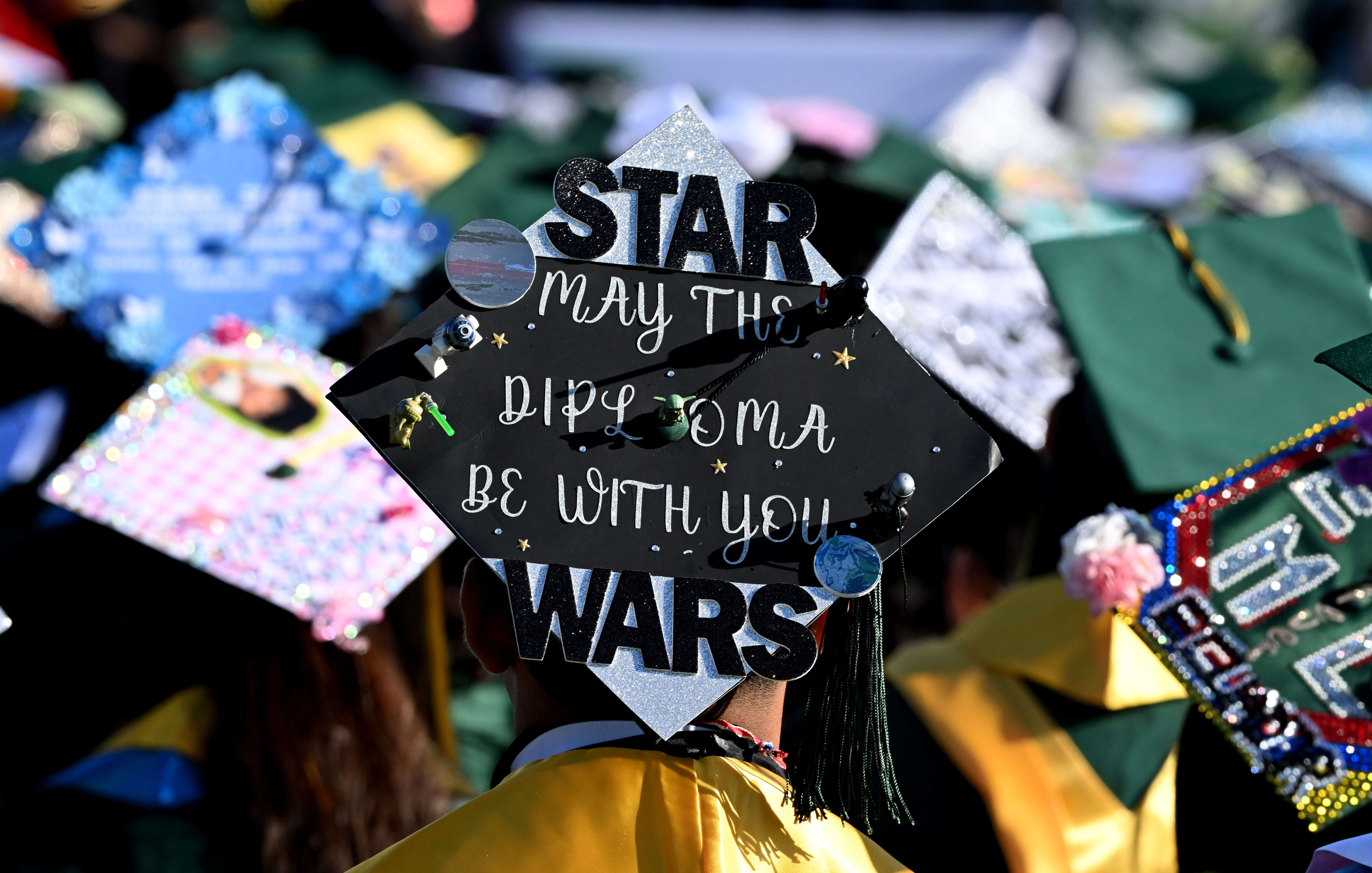 A student wears a decorated mortarboard during the 2026 Cabrillo...