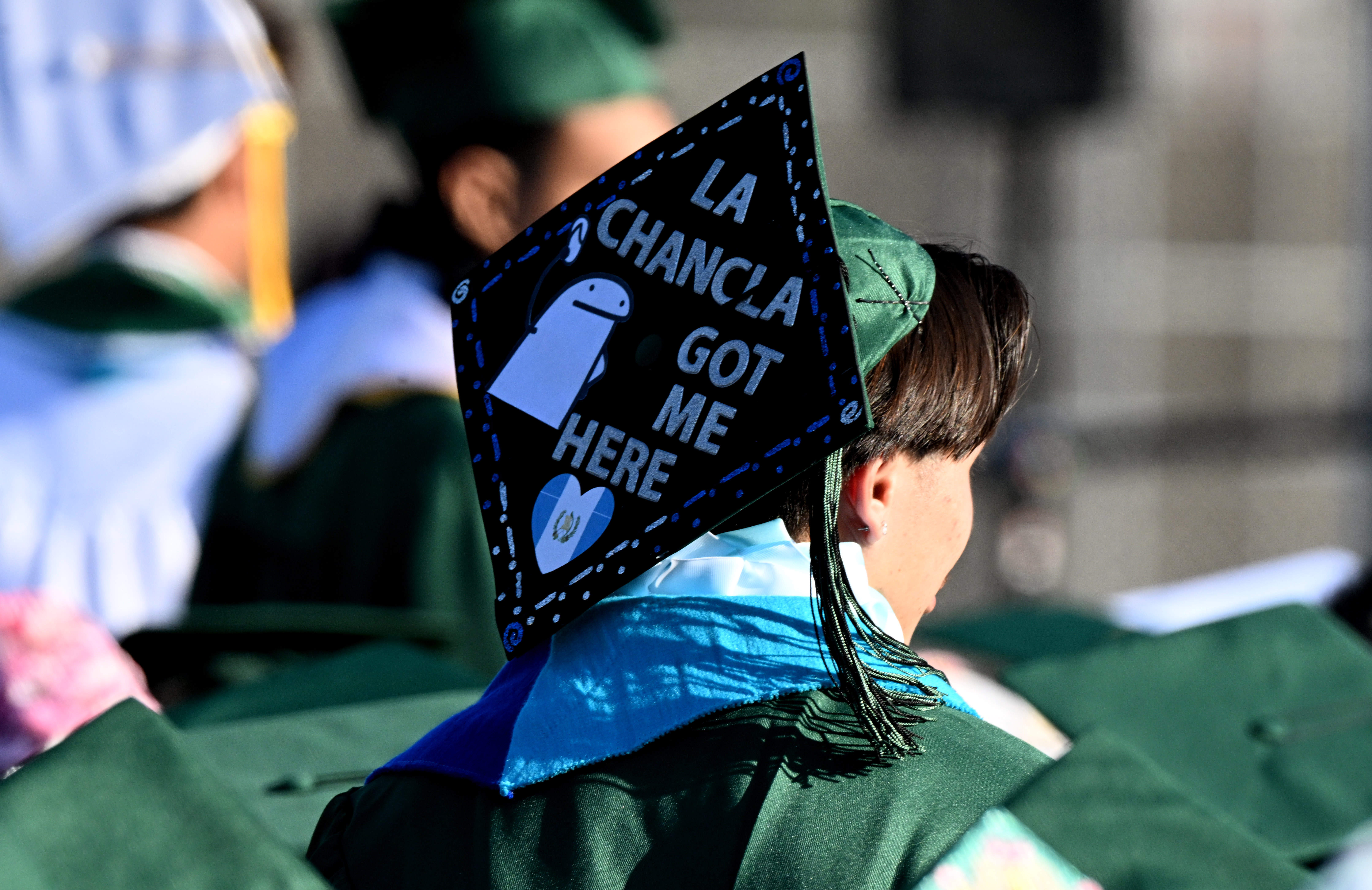 A student wears a decorated mortarboard during the 2026 Cabrillo...