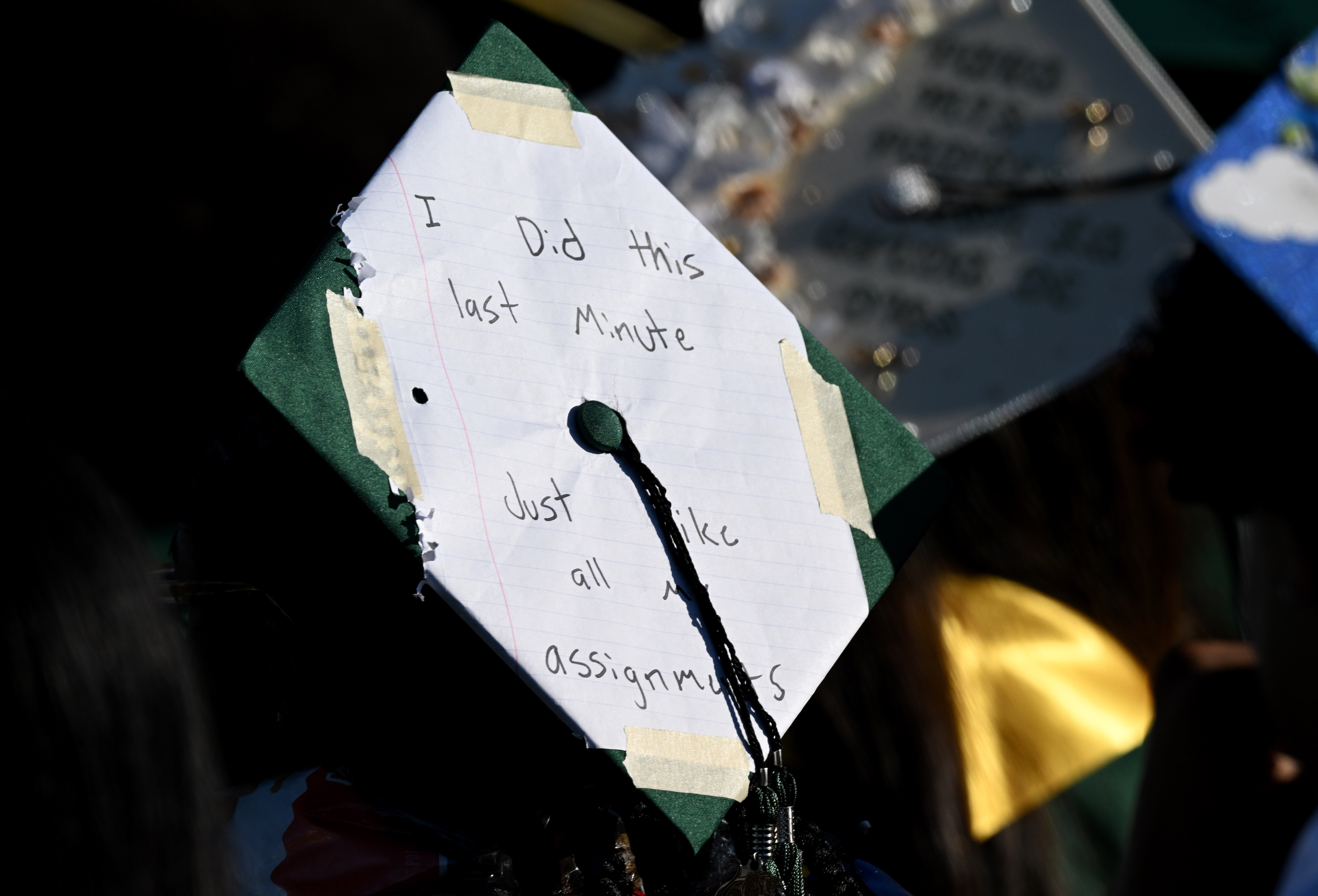 A student wears a decorated mortarboard during the 2026 Cabrillo...
