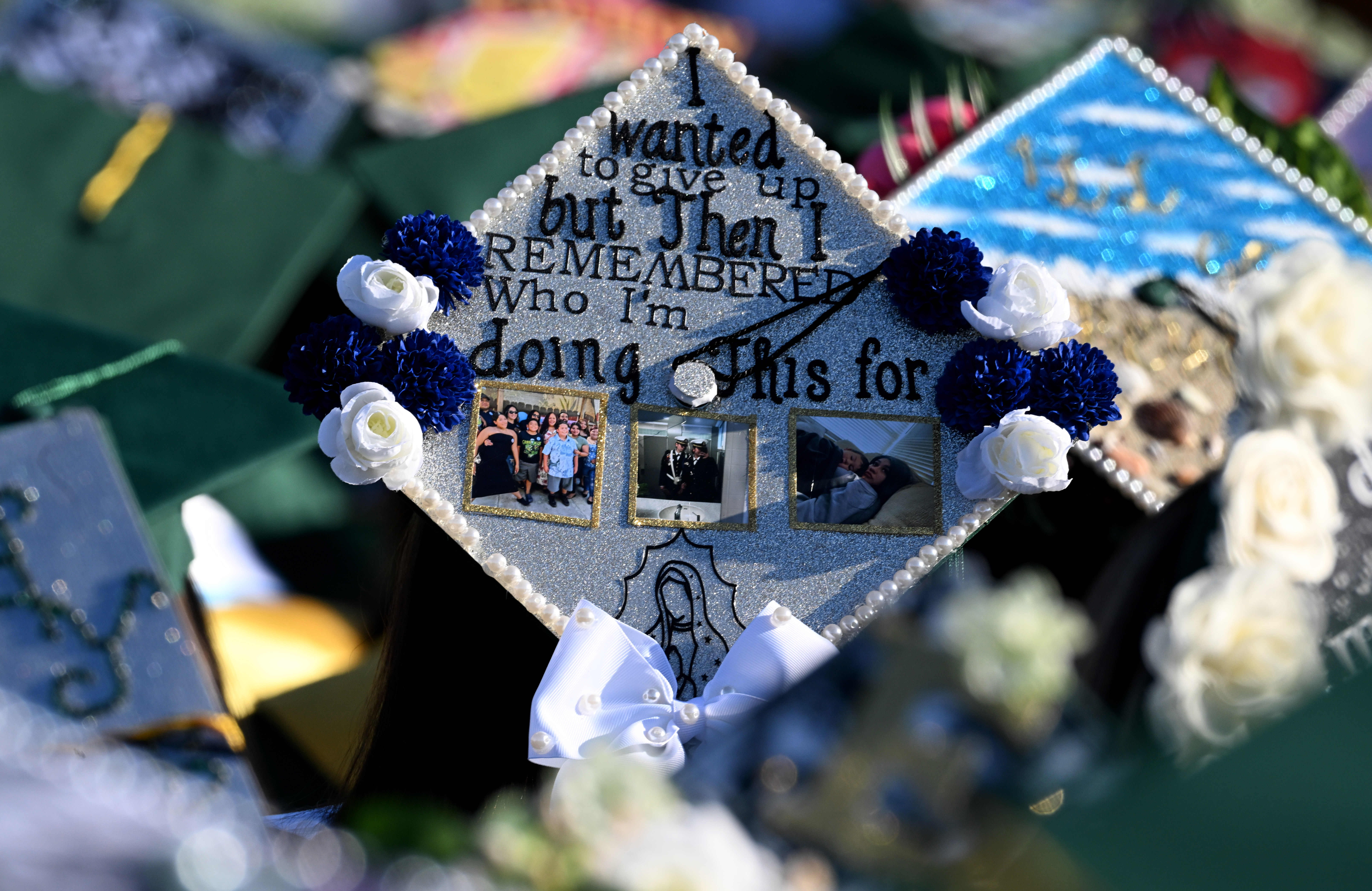 A student wears a decorated mortarboard during the 2026 Cabrillo...