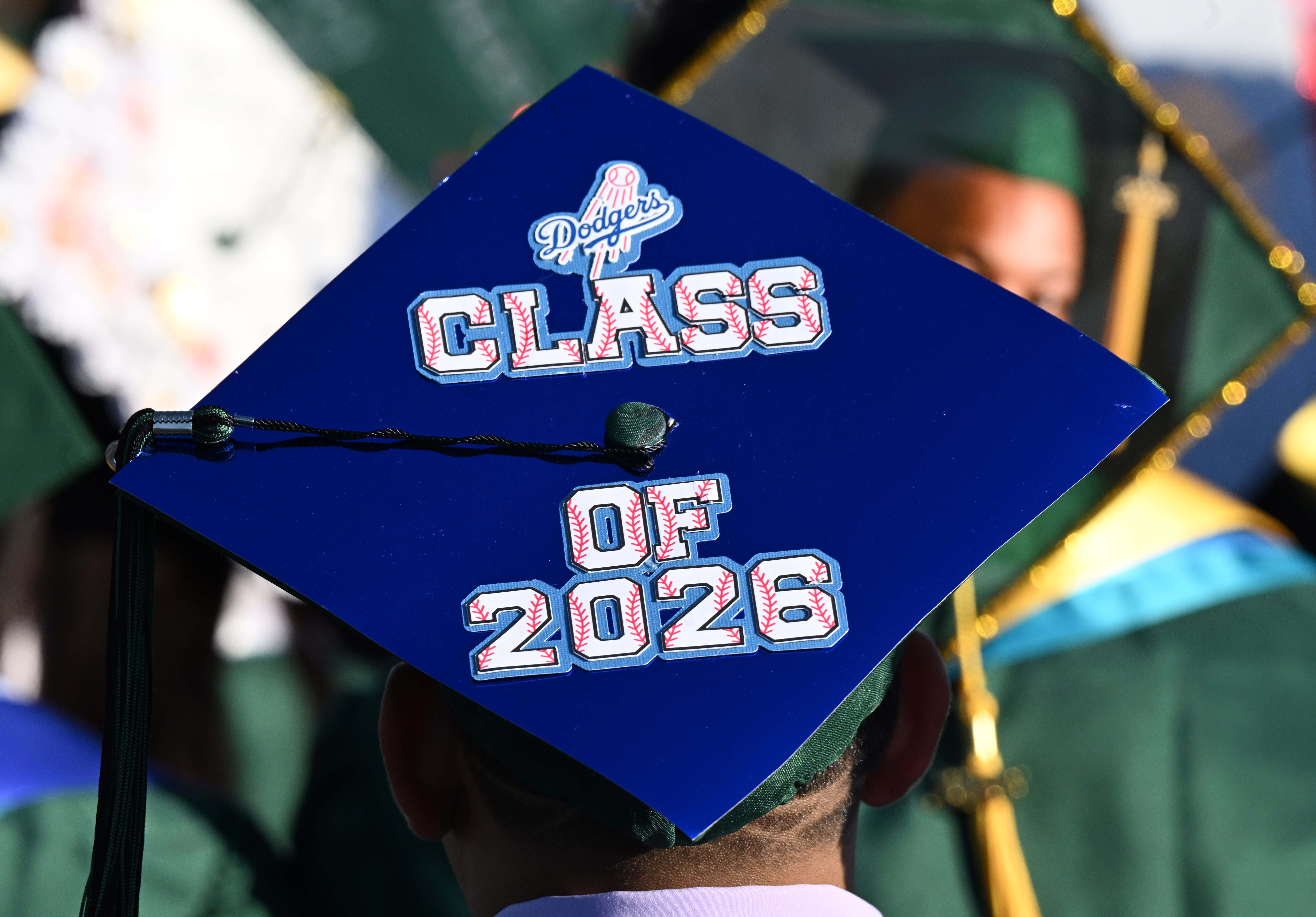 A student wears a decorated mortarboard during the 2026 Cabrillo...