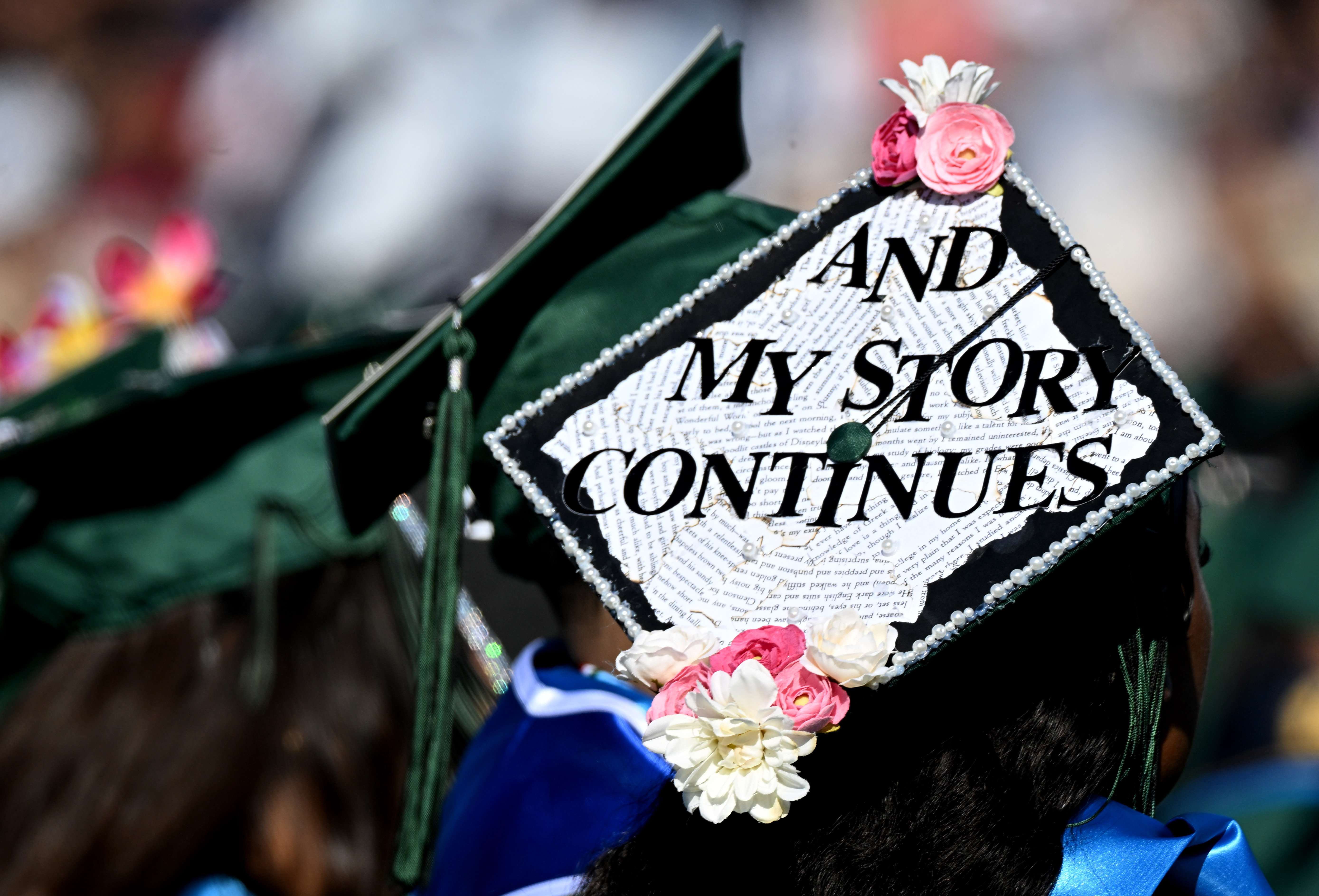 A student wears a decorated mortarboard during the 2026 Cabrillo...