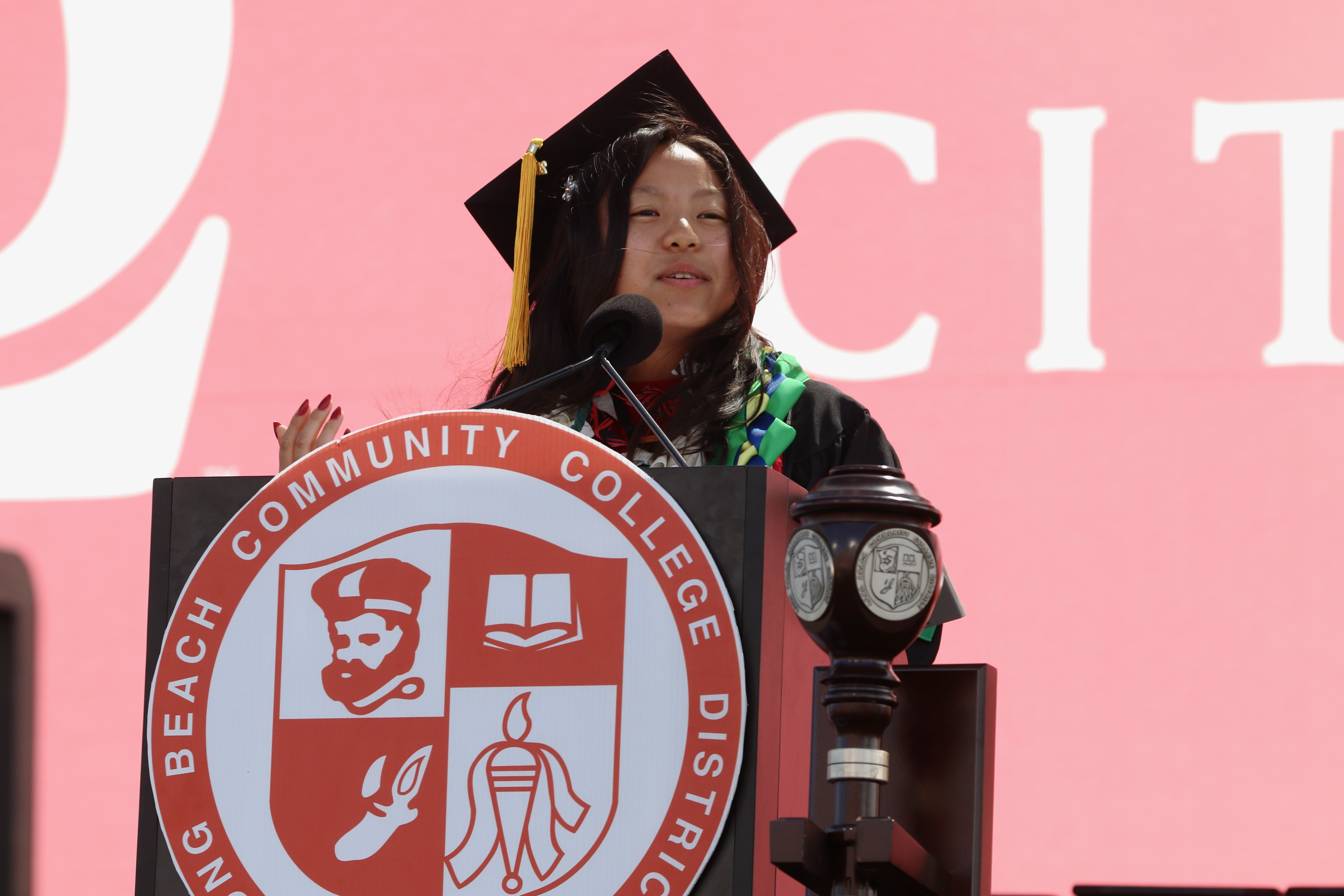 Valedictorian Nathalia Miyamura addresses her fellow graduates at Long Beach...