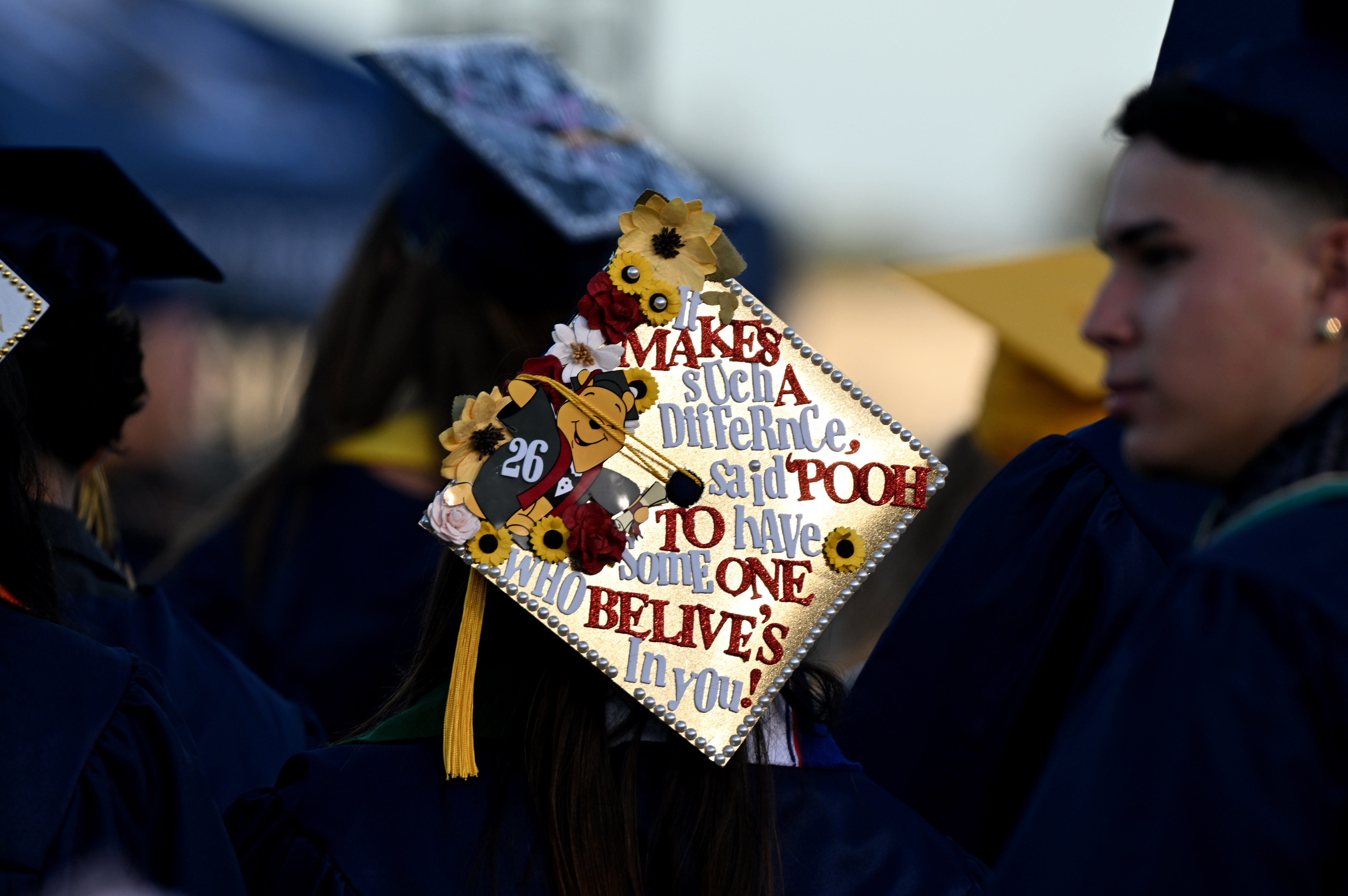 A student wears a decorated mortarboard during the 2026 Millikan...