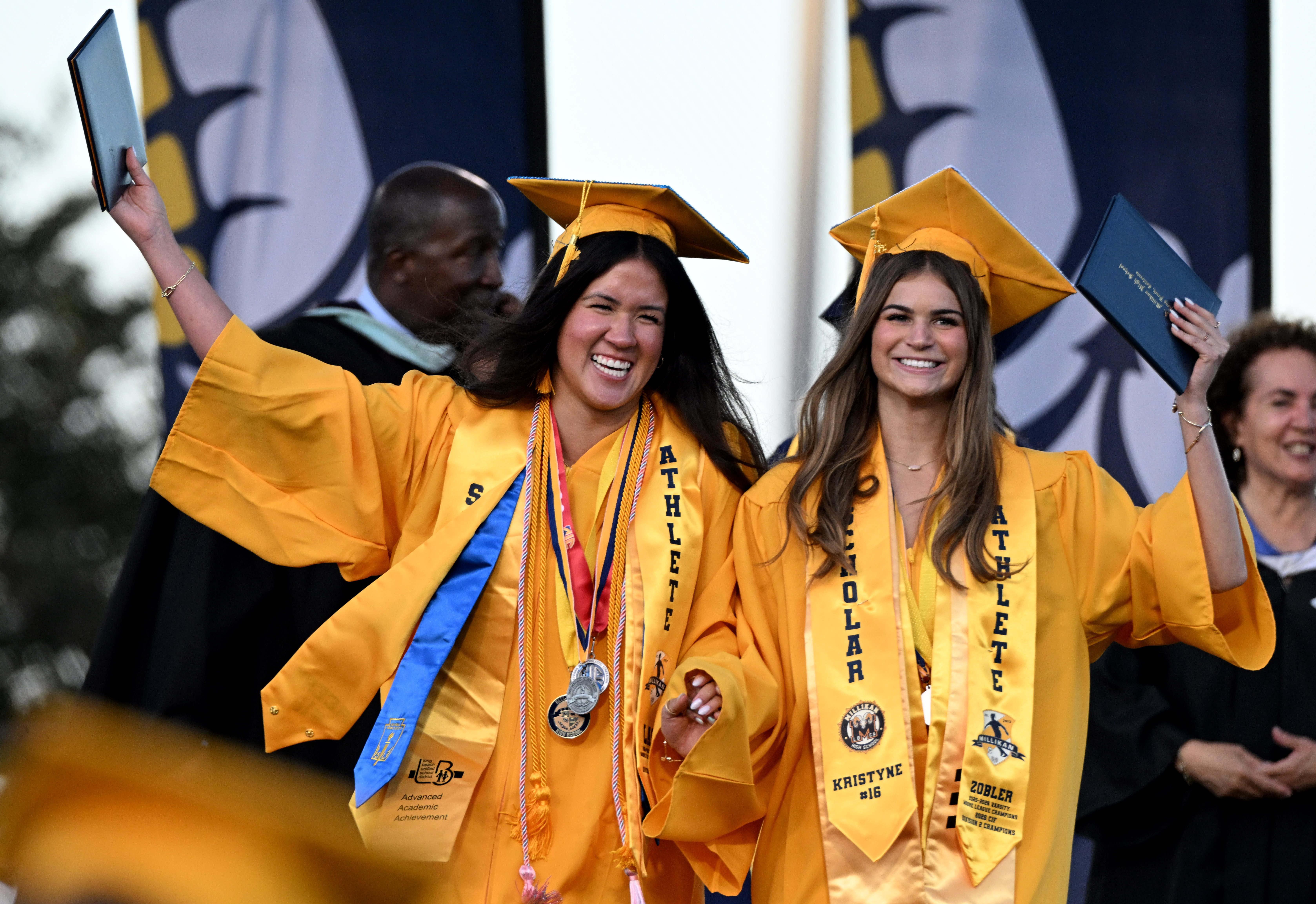 Seniors celebrate after receiving their diplomas during the 2026 Millikan...