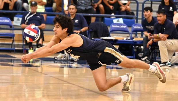 Austin Shiekh #6 of the St. John Bosco Braves dives for the dig against the Windward Wildcats in the third set of a CIF-SS Division 3 boys volleyball championship match at Cerritos College in Norwalk on Saturday, May 16, 2026. (Photo by Keith Birmingham, Pasadena Star-News/ SCNG)