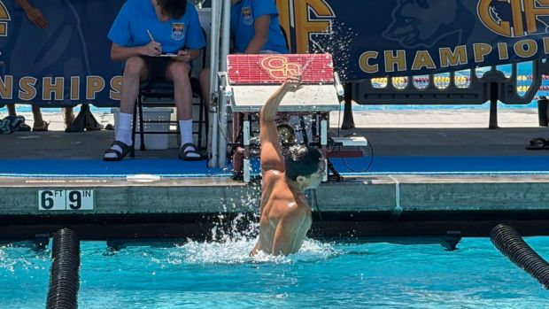 Long Beach Poly senior Lucas Jue celebrates winning the 500-yard freestyle title at the CIF state swimming championships at Clovis West High School on Saturday, May 16, 2026. (Photo by: Darren Jue, Long Beach Poly swimming)