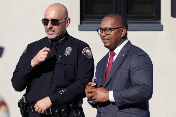 Police Chief Wally Hebeish, left, and Mayor Rex Richardson greet the media on Saturday, Jan. 10, 2026, at the grand opening and ribbon-cutting of the newly completed Long Beach Police Training Academy in Long Beach. (Photo by Howard Freshman, Contributing Photographer)