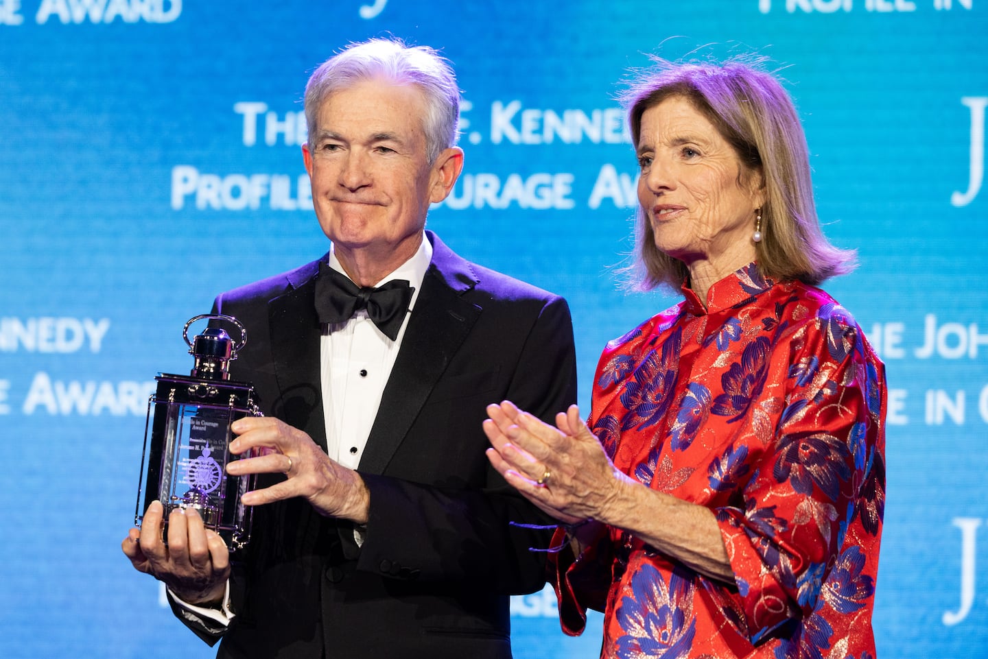 Former Fed chair Jerome Powell received the 2026 John F. Kennedy Profile in Courage Award in Boston from Caroline Kennedy on Sunday. 