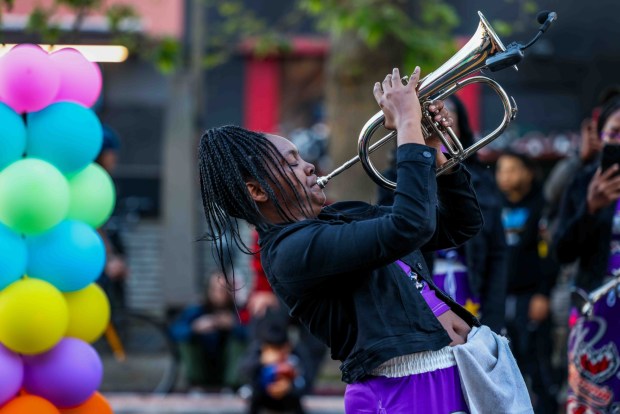 Shayla Bell, of Stockton, performs during the Oakland First Fridays event along Telegraph Avenue in Oakland, Calif., Friday, April 3, 2026. (Ray Chavez/Bay Area News Group)