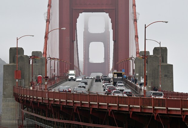 Vehicles cross the Golden Gate Bridge in a view toward Marin County on Monday, June 22, 2026. (Alan Dep/Marin Independent Journal)