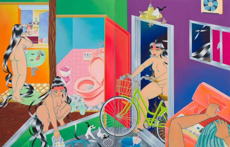 Colorful illustration of several nude women with long black hair engaged in various activities in a vibrant, surreal bathroom setting with a bicycle, laundry, and pets.