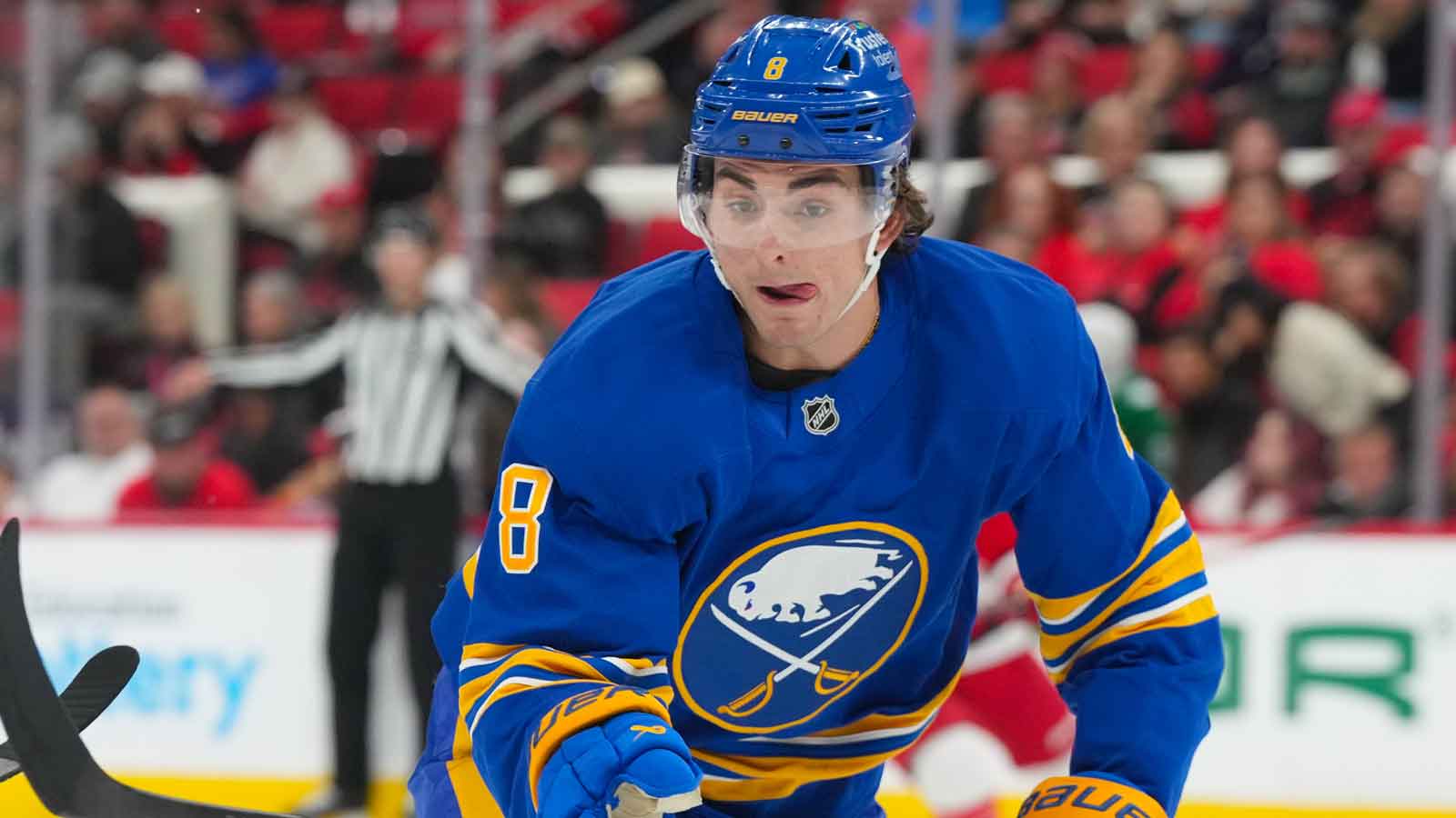 Buffalo Sabres defenseman Michael Kesselring (8) watches the play against the Carolina Hurricanes during the second period at Lenovo Center.
