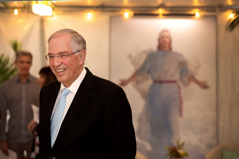 Elder Neil L. Andersen prepares to speak to the media at the San Diego California Temple for media day on Monday, June 15, 2026.